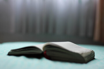 open bible on a green bed