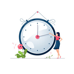 Daylight saving time vector illustration. Woman turns the hand of the clock forward by an hour. Floral decoration with pink flowers. Turning to summer time, spring clock changes concept. Flat style