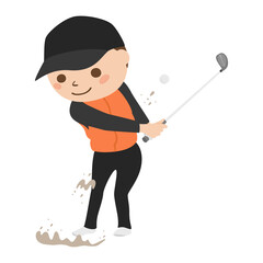 ゴルフをしてる男性のイラスト。バンカーからゴルフボールを飛ばしてる男性。