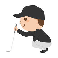 ゴルフをしてる男性のイラスト。グリーンでカップまでのラインを読んでる男性。