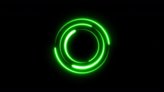 Colorful of green concentric circle line neon blaze glow round animation loop on a black background. 