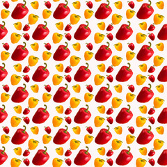 Bulgarian red yellow pepper on white background,  pattern, wallpaper, top view, flat layout, isolated, template