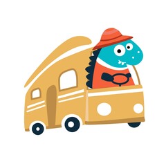 Driver dino. cute dinosaur with car, bus 
