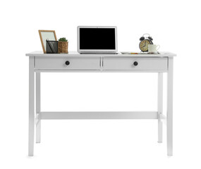 Stylish workplace with laptop on white background