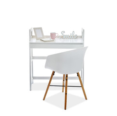 Stylish table and chair on white background