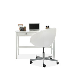 Stylish workplace with laptop on white background