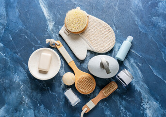 Composition with bath accessories on color background