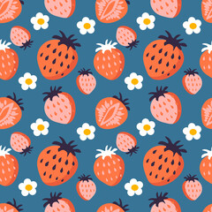 vector seamless pattern with hand drawn repeating strawberiies on a blue background. bright flat illustration for printing on fabric, clothing, wrapping paper. background for websites and applications