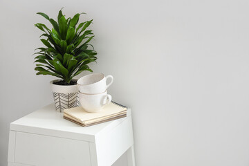 Houseplant, notebooks and cups on table near light wall