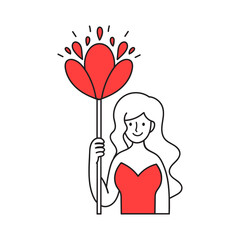 Cute young woman in red dress holding big red flower in hand. Hand-drawn doodle style art for cheerful greeting card concept. Isolated outline vector illustration for social media, poster, or print. 