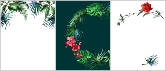 Invitation template with
watercolor tropical leaves