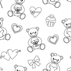 Seamless pattern Valentine's day Bears heart black and white colors vector illustration