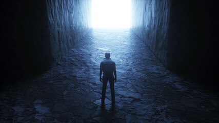 Obraz premium a lonely man stands in front of a light portal. 3d rendering.