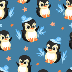 Seamless pattern in cartoon style, children's theme with fun and attractive penguin. Vector illustration
