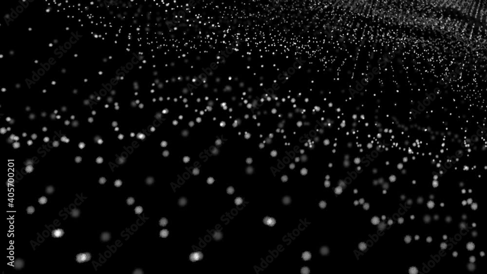 Poster background of many moving white wave dots with bokeh - seamless loop