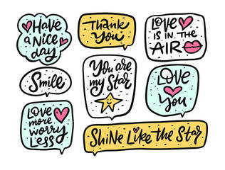 Cute motivational doodle phrases set. Handwritten calligraphy style. Quote in frames. Colorful vector illustration for t-shirt print.