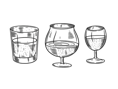 Black and white illustrations of beer or beverage glasses in retro style. These vector images create a vintage atmosphere and can be used for various design projects.