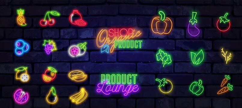 Set Of Neon Icons Of Fruits And Berries. Pear, Cherry, Tropical Pineapple And Banana, Ecologically Clean Organic Food For Healthy Lifestyle. Set Neon Sign. Bright Signboard, Light Banner. Neon Logo