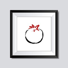 Tomato painting with Japanese brush stroke style isolated on the realistic frame.