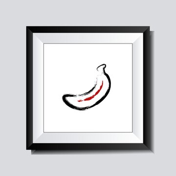 Banana painting with Japanese brush stroke style isolated on the realistic frame. Modern minimalist cover vector drawing. Contemporary fruit collage artistic wall prints