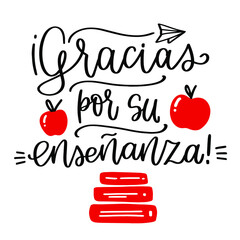 Teacher gratitude card in Spanish language with apples. Text reads thank you for teaching.