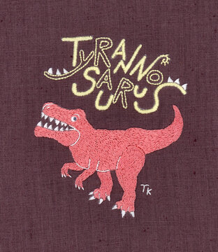 ピンクのティラノサウルスの刺繍