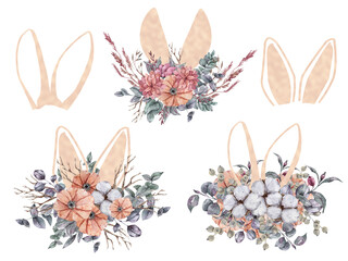 Easter bunny ears clipart on white background. Can be used for baptism invitation, Easter greeting card, first communion. Watercolor floral bunny ears, green leaves and red poinsettia bouquet