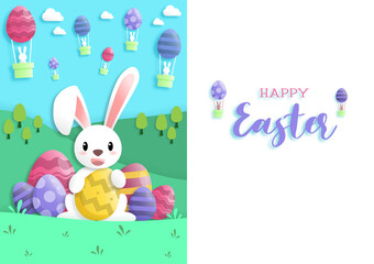 Happy easter day in paper art style with rabbit and easter eggs. greeting card, posters and wallpaper. Vector illustration.
