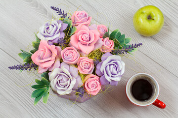 Top view of big bouquet of colorful different flowers.