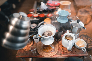 Dripping coffee on a table at a country cafe.