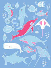 Obraz premium set icon sea animals, underwater, whale. 