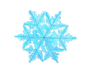 Hand drawn watercolour illustration of dark and light blue snowflake. Isolated on white background. 