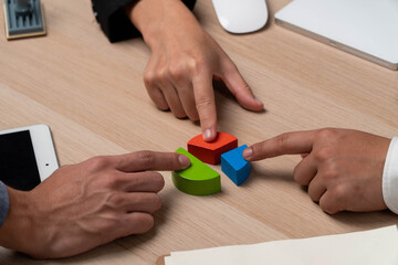 Business people analyze share data