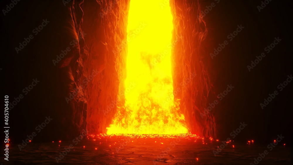 Fototapete hell gates. hell fire. devil portal. sinner. religious concept. 3d rendering.
