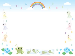 梅雨のてるてる坊主とカエルと虹と紫陽花のフレーム