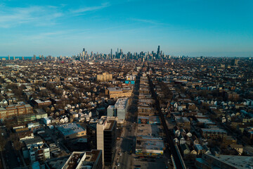 An aerial drone image of the Chicago skyline