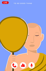 The monk chanting through the live streaming on the mobile application, the temple arrange the activity in covid-19 situation and adapt to new normal.