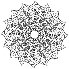 Easy mandala like flower with hearts, basic and simple mandalas Coloring Book for adults, seniors, and beginner. Digital drawing. Floral. Flower. Oriental. Book Page. Vector.