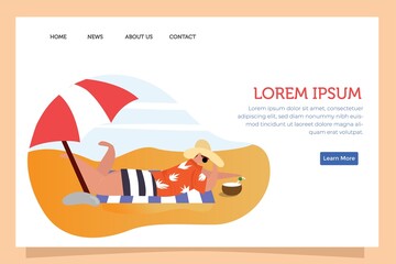 Obraz na płótnie Canvas Set of bundle Landing page enjoy summer vacation. sunbathing, sitting, playing with water and being with friends. Theme for banner, website design or landing web page or ui