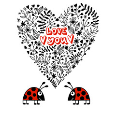 Lovely card for Valentines Day. Couple of ladybugs in love. Vector illustration