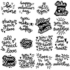 Set of lettering about love. Valentines Day. Black and white vector lettering. Vector illustration