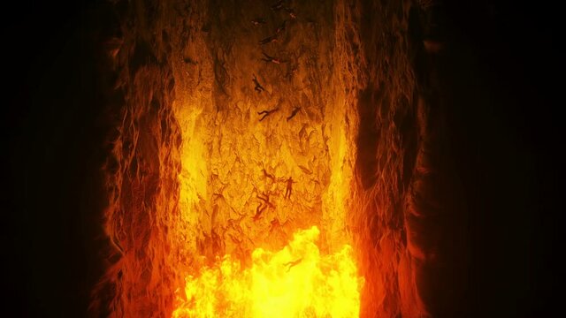 Sinners fall to hell fire. Religious concept. Realistic 4k animation.