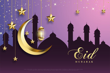 Realistic eid mubarak background with moon and stars and the shadow of the mosque.