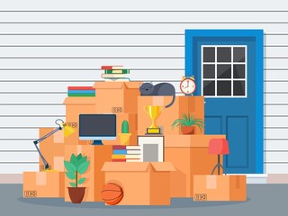 Moving to new house. Family relocated to new home. Paper cardboard boxes near house facade. Package for transportation. Vector illustration in flat style