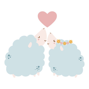 Cute sheep couple in love. Cartoon sheep vector illustration.