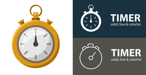 timer isolated vector flat icon with stopwatch solid, line icons - obrazy, fototapety, plakaty