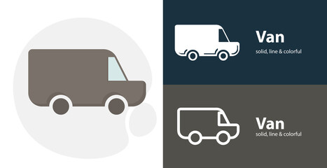 Delivery icon, van isolated tool flat icon with van solid, line icons