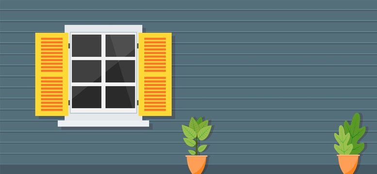 Wooden Window of house front view, architecture background, building home real estate backdrop. Vector illustration in flat style