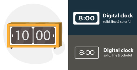 Digital clock isolated vector flat icon with Digital clock solid, line icons
