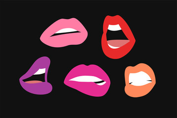 Sexy Female Lips with Matt Colorful Lipstick. Flat Style Vector Fashion Illustration Woman Mouth. Gestures Collection Expressing Different Emotions